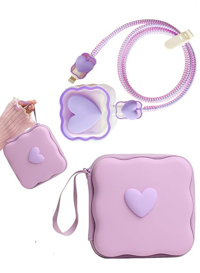 Happy D Compatible with iPhone 18W/20W USB-C Charger, Transparent Cute 3D Heart Ripple Design, Soft Charging Protection Case and Storage Box, Cute Cable Protector and Storage Box, for Girls and Women - Purple Heart - Image 1